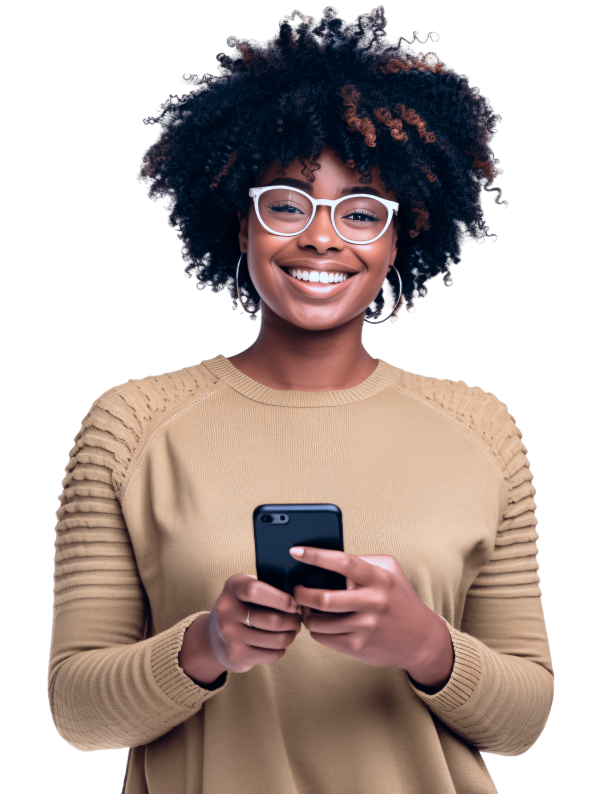 mulher jovem com celular na mão realizando uma consulta médica online via chat no aplicativo olá doutor